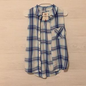 SO Perfect Collared Button Down Shirt Blue Plaid